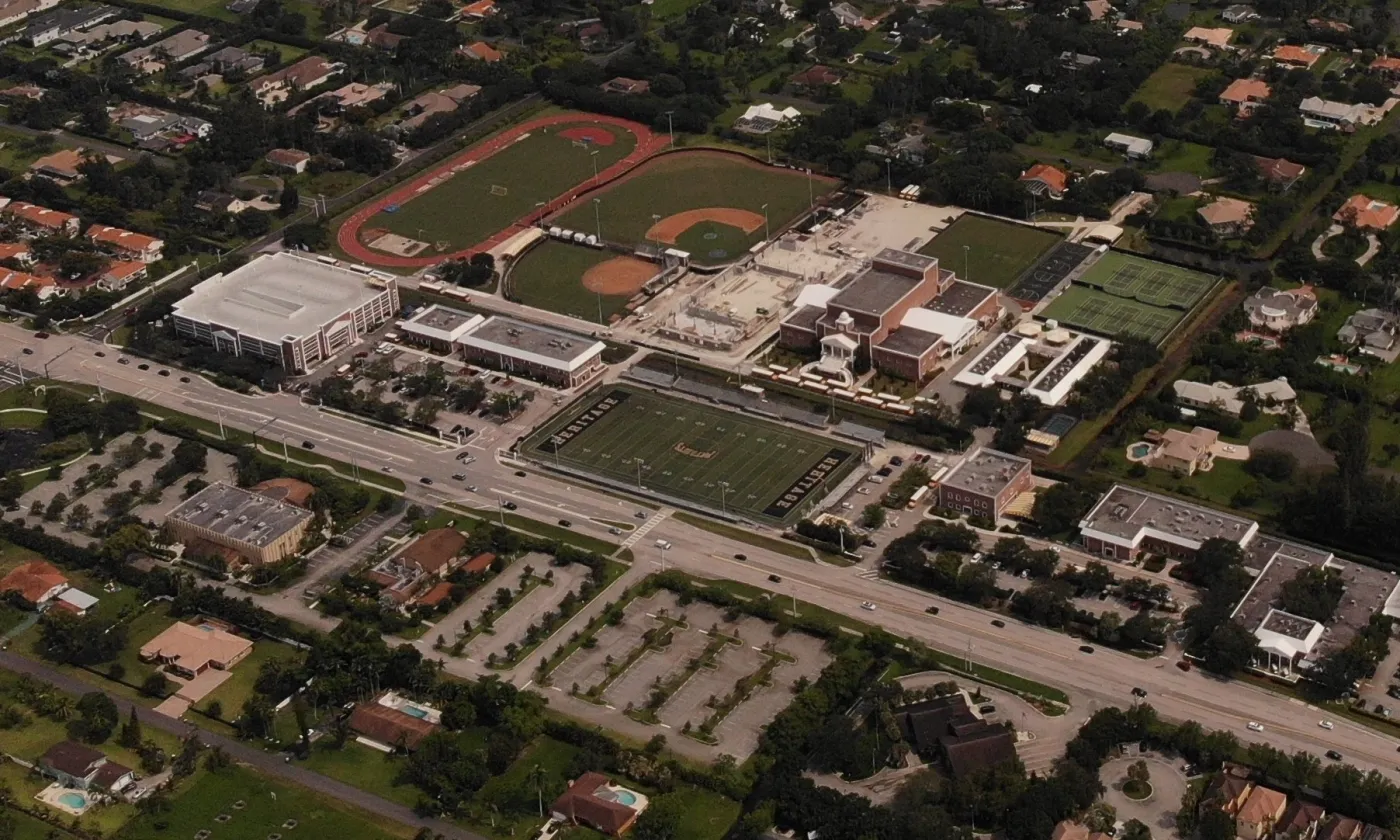The football stadium and athletic fields at American Heritage School on West Broward Boulevard in Plantation, seen from the air.