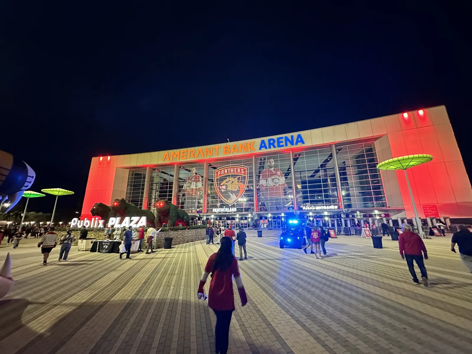 Amerant Bank Arena seen from Publix Plaza before a Florida Panthers game in Sunrise.