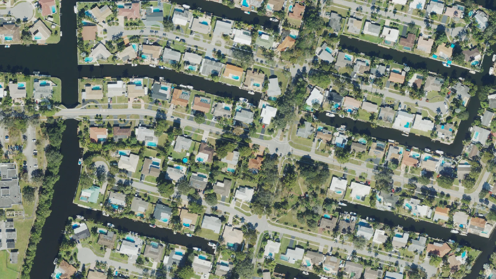 Canal-front homes in the Plantation Isles neighborhood of Plantation, seen from above.