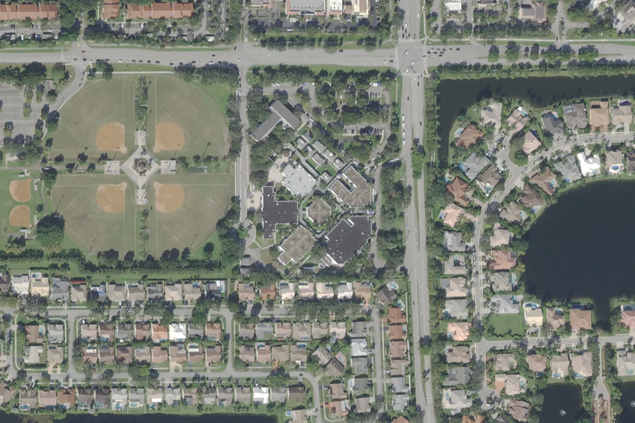 Central Park Elementary School's campus on North Nob Hill Road in Plantation, center, with ball fields to the west, seen from the air.