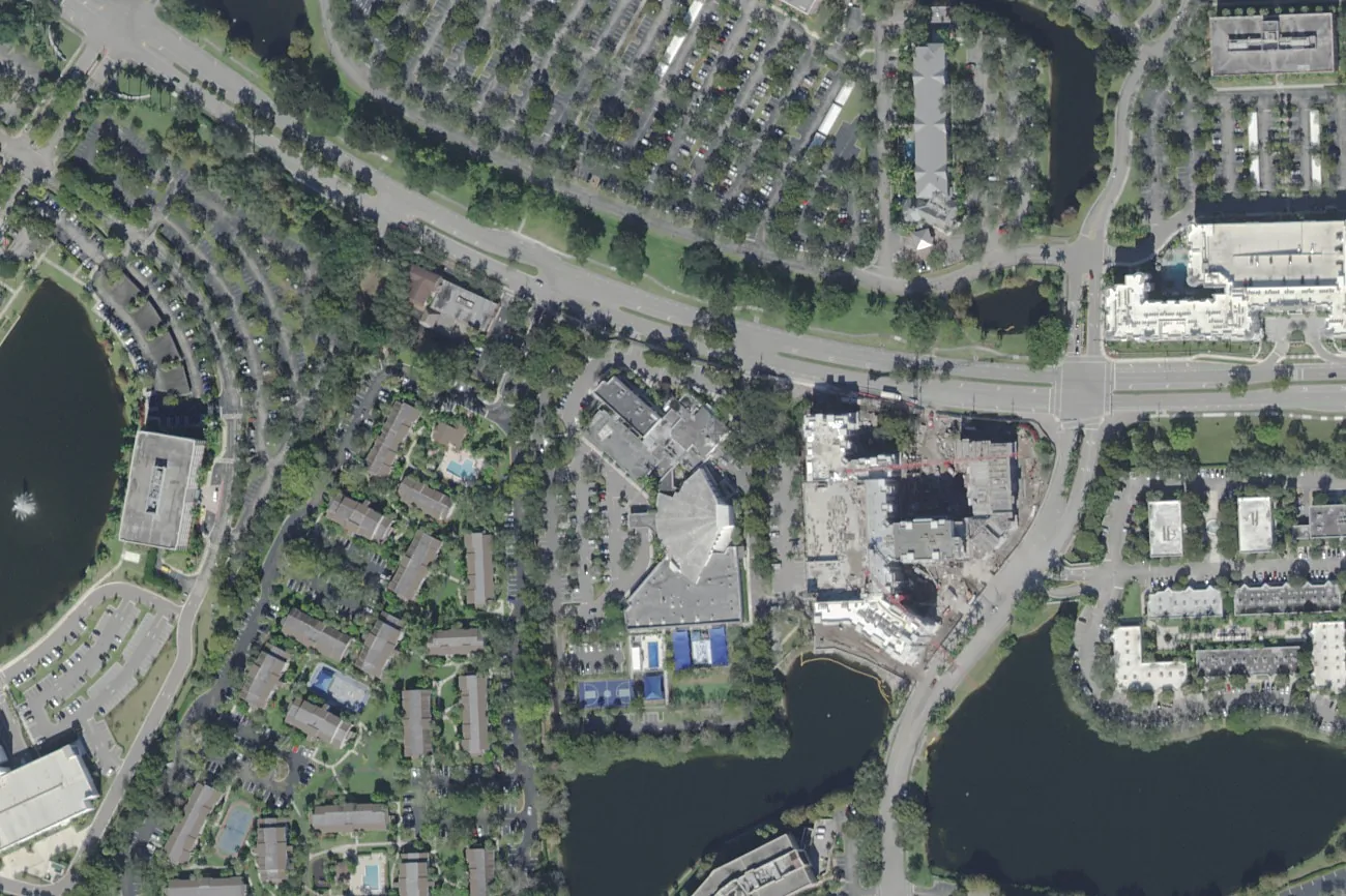 Peters Road in Plantation around Imagine Schools Plantation Campus, center, with its shaded play areas, seen from the air.